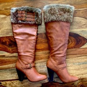 6.5 Wide Women’s, faux fur, cognac colored knee high boots.